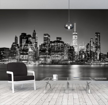 Picture of Black White East River view of Financial District skyscrapers at dusk Lower Manhattan skyline New York City